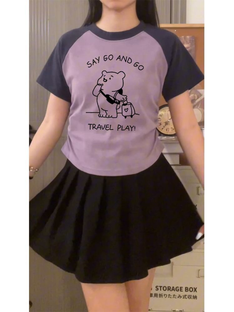 1*1纯棉 高弹力】褶皱收腰印花打皱扎染短袖T恤女