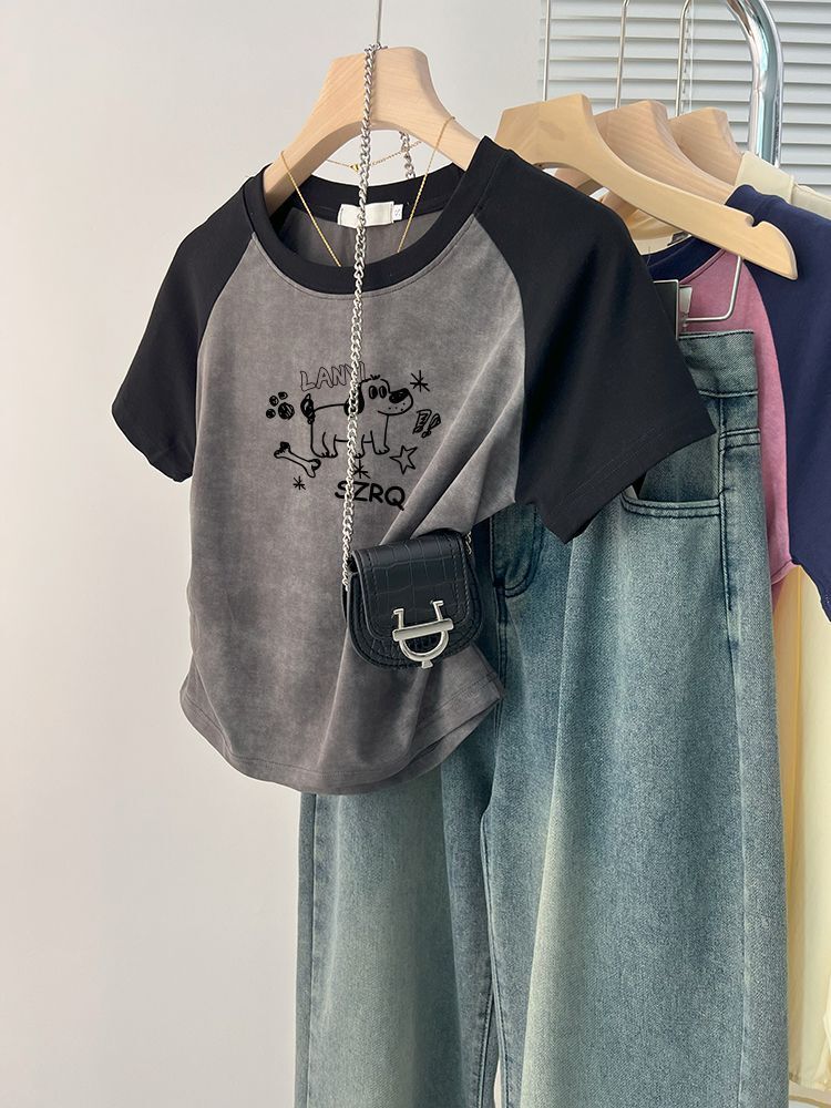 1*1纯棉 高弹力】褶皱收腰印花打皱扎染短袖T恤女 1*1纯棉 高弹力】褶皱收腰印花打皱扎染短袖T恤女